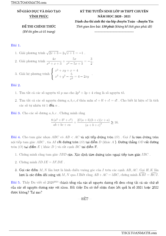 Đề tuyển sinh chuyên môn Toán năm 2020 2021 sở GD ĐT Vĩnh Phúc (chuyên)