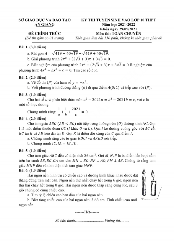 Đề tuyển sinh chuyên môn Toán năm 2021 2022 sở GD ĐT An Giang