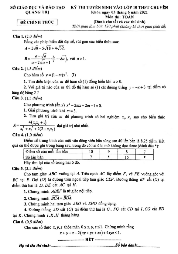 Đề tuyển sinh chuyên môn Toán năm 2021 2022 sở GD ĐT Quảng Trị