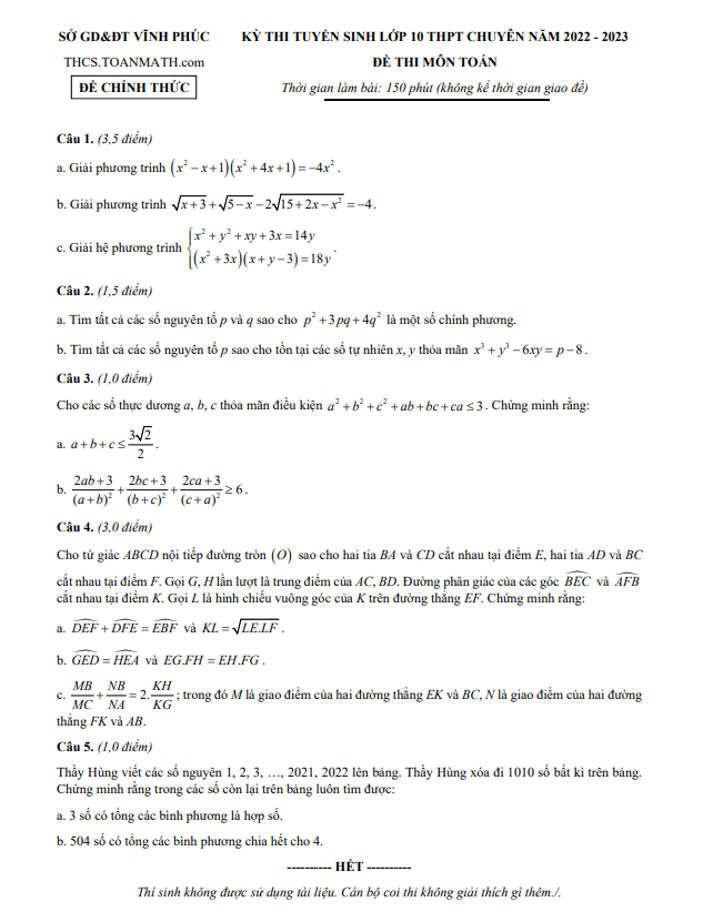Đề tuyển sinh chuyên môn Toán năm 2022 2023 sở GD ĐT Vĩnh Phúc