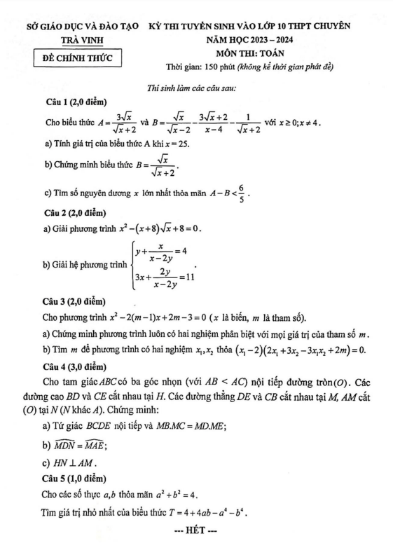 Đề tuyển sinh chuyên môn Toán năm 2023 2024 sở GD ĐT Trà Vinh