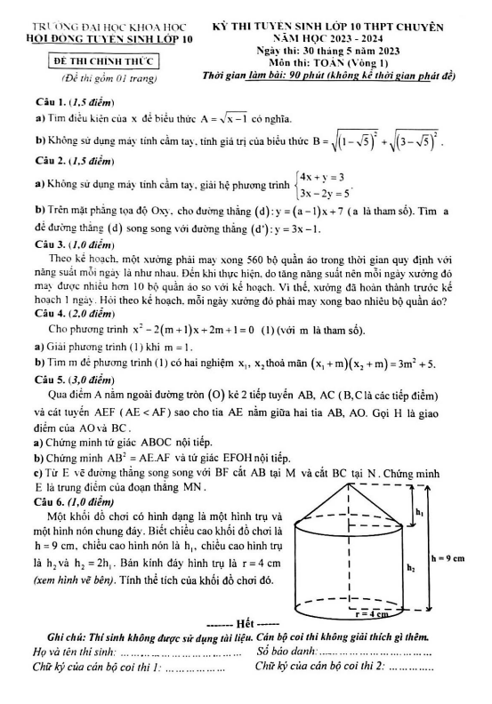 Đề tuyển sinh chuyên môn Toán (vòng 1) năm 2023 2024 trường ĐHKH Huế