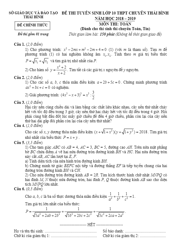 Đề tuyển sinh chuyên năm 2018 2019 môn Toán sở GD và ĐT Thái Bình (đề chuyên)