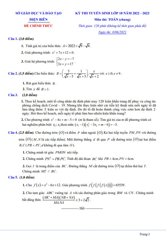 Đề tuyển sinh môn Toán (chung) năm 2022 2023 sở GD ĐT Điện Biên