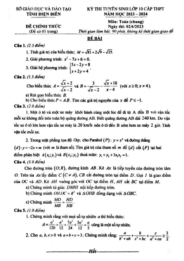 Đề tuyển sinh môn Toán (chung) năm 2023 2024 sở GD ĐT Điện Biên