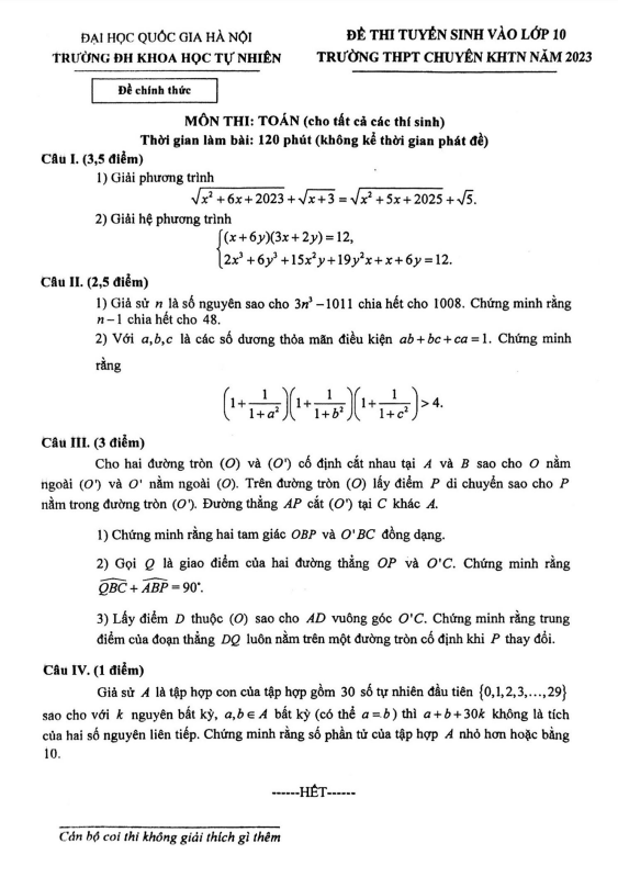 Đề tuyển sinh môn Toán (chung) năm 2023 trường THPT chuyên KHTN Hà Nội