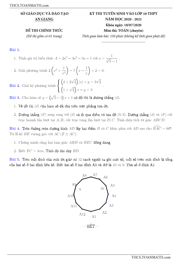 Đề tuyển sinh môn Toán (chuyên) năm 2020 2021 sở GD ĐT An Giang