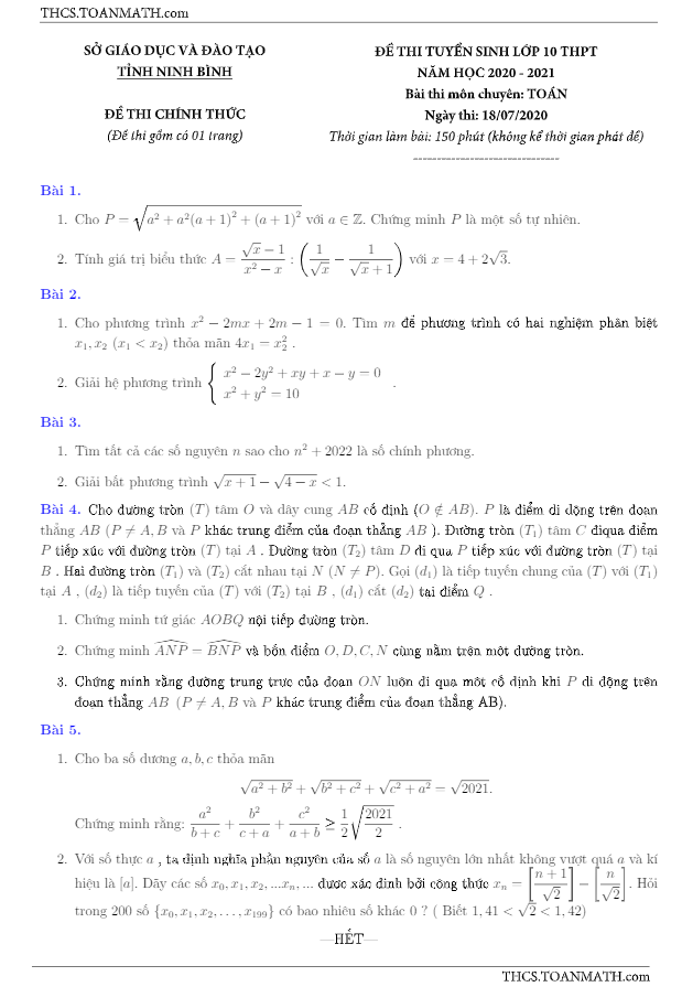 Đề tuyển sinh môn Toán (chuyên) năm 2020 2021 sở GD ĐT Ninh Bình