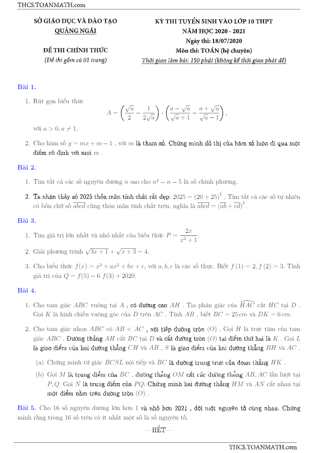 Đề tuyển sinh môn Toán (chuyên) năm 2020 2021 sở GD ĐT Quảng Ngãi