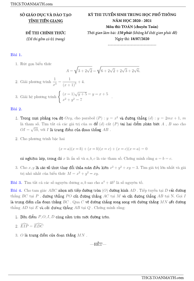 Đề tuyển sinh môn Toán (chuyên) năm 2020 2021 sở GD ĐT Tiền Giang