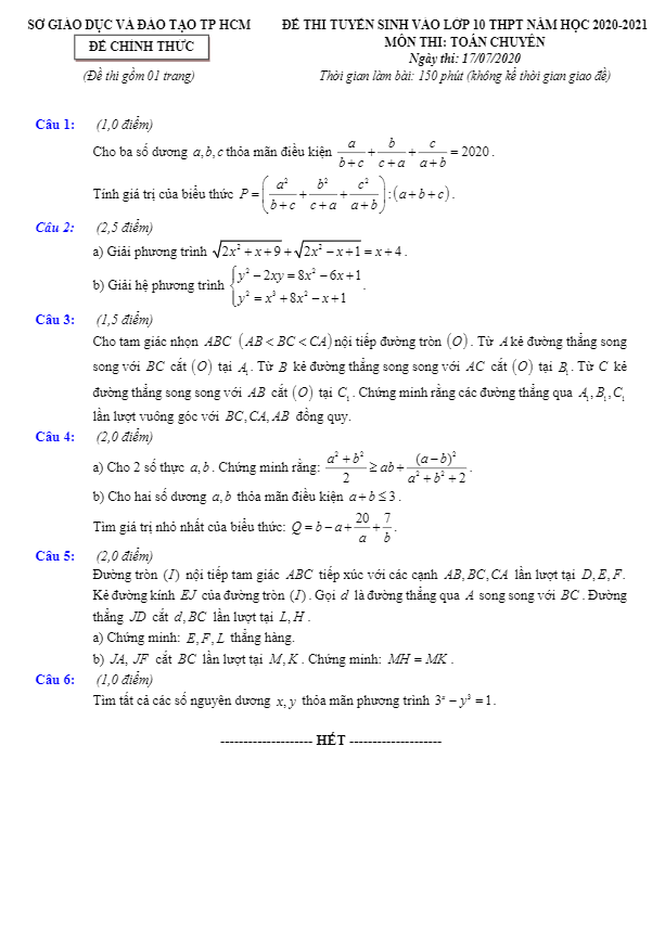 Đề tuyển sinh môn Toán (chuyên) năm 2020 2021 sở GD ĐT TP HCM