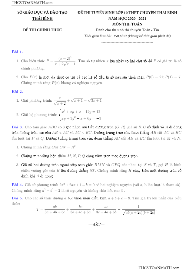 Đề tuyển sinh môn Toán (chuyên) năm 2020 2021 trường THPT chuyên Thái Bình