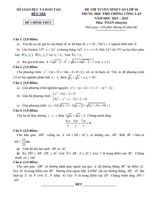 Đề tuyển sinh môn Toán (chuyên) năm 2021 2022 sở GD ĐT Bến Tre