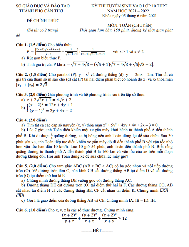 Đề tuyển sinh môn Toán (chuyên) năm 2021 2022 sở GD ĐT Cần Thơ
