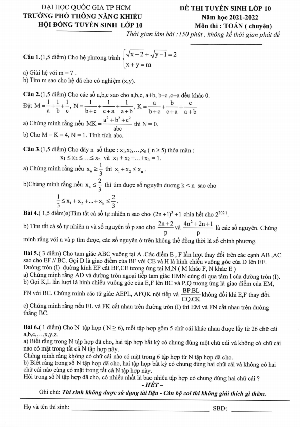 Đề tuyển sinh môn Toán (chuyên) năm 2021 2022 trường PTNK TP HCM
