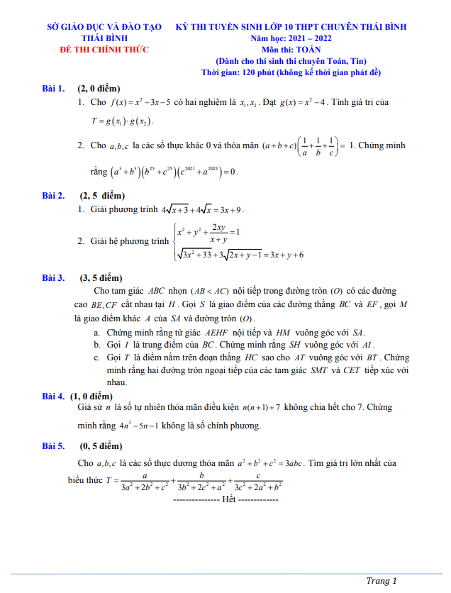 Đề tuyển sinh môn Toán (chuyên) năm 2021 2022 trường THPT chuyên Thái Bình