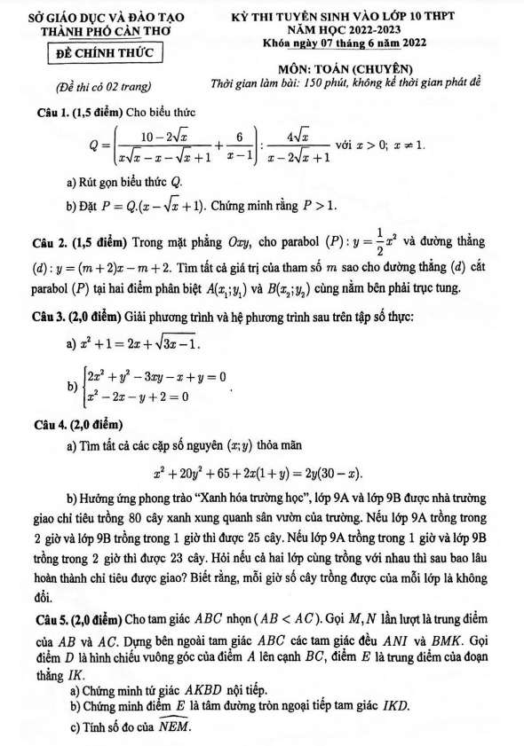 Đề tuyển sinh môn Toán (chuyên) năm 2022 2023 sở GD ĐT Cần Thơ