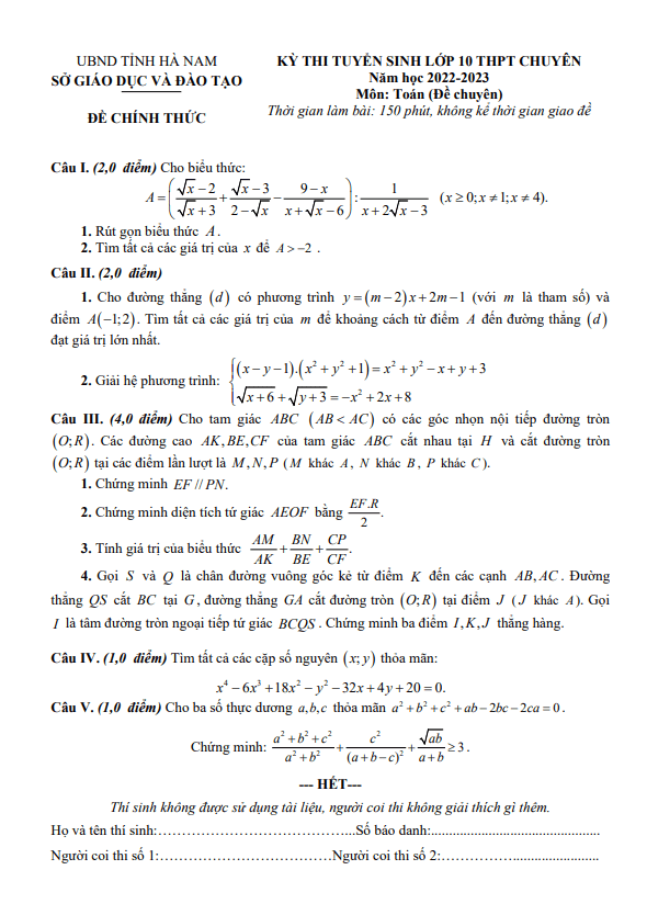 Đề tuyển sinh môn Toán (chuyên) năm 2022 2023 sở GD ĐT Hà Nam