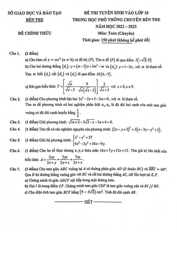 Đề tuyển sinh môn Toán (chuyên) năm 2022 2023 trường chuyên Bến Tre