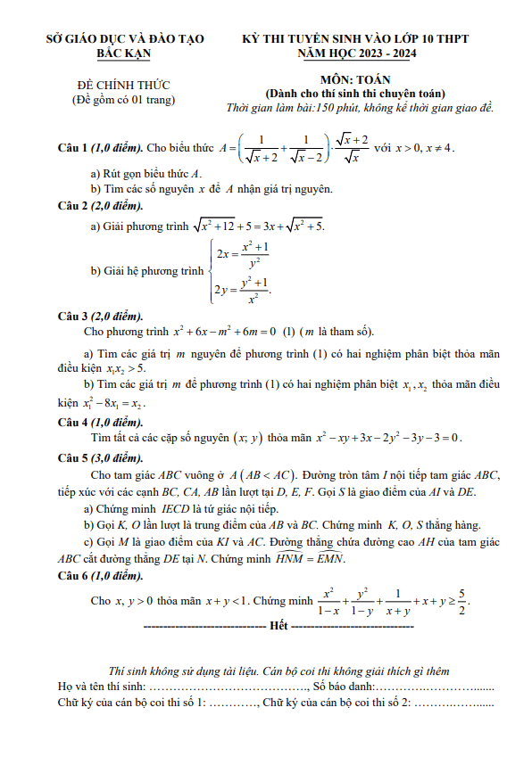 Đề tuyển sinh môn Toán (chuyên) năm 2023 2024 sở GD ĐT Bắc Kạn