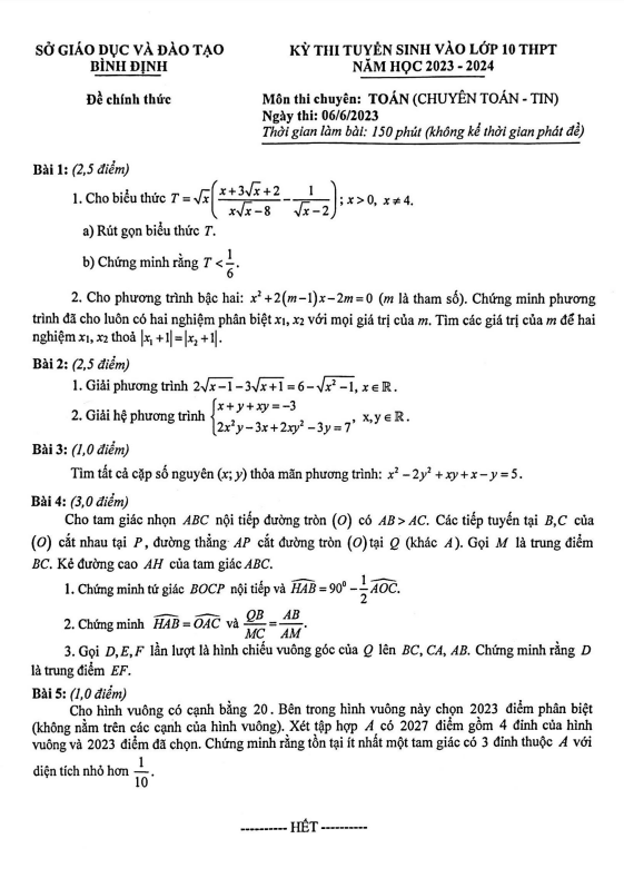 Đề tuyển sinh môn Toán (chuyên) năm 2023 2024 sở GD ĐT Bình Định