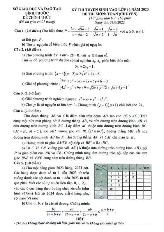 Đề tuyển sinh môn Toán (chuyên) năm 2023 2024 sở GD ĐT Bình Phước