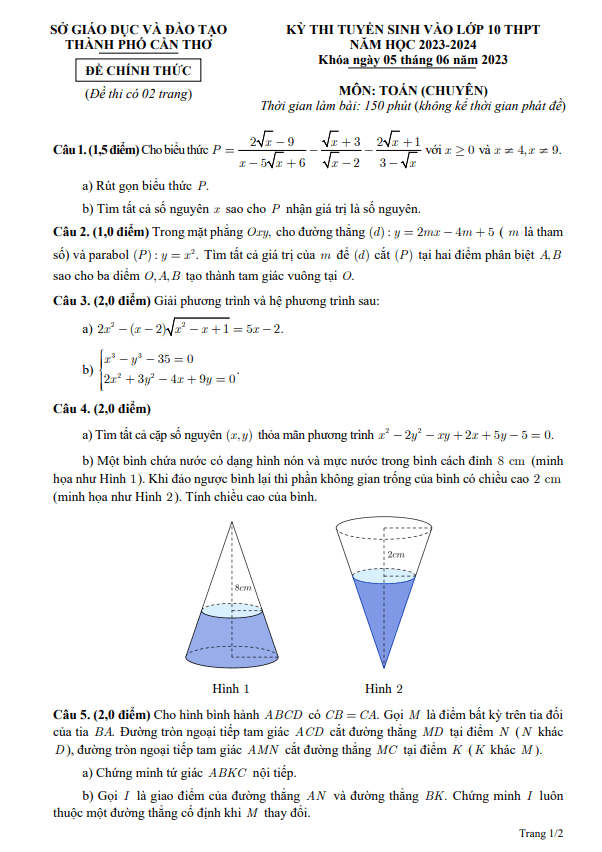 Đề tuyển sinh môn Toán (chuyên) năm 2023 2024 sở GD ĐT Cần Thơ