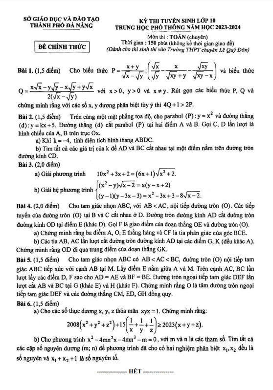 Đề tuyển sinh môn Toán (chuyên) năm 2023 2024 sở GD ĐT Đà Nẵng