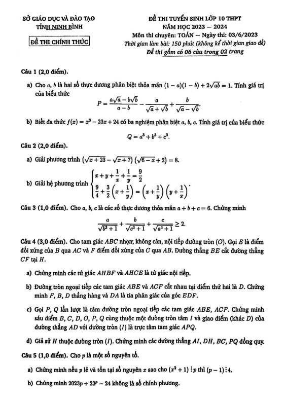 Đề tuyển sinh môn Toán (chuyên) năm 2023 2024 sở GD ĐT Ninh Bình