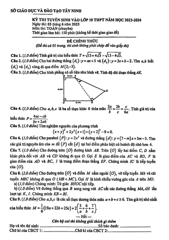 Đề tuyển sinh môn Toán (chuyên) năm 2023 2024 sở GD ĐT Tây Ninh