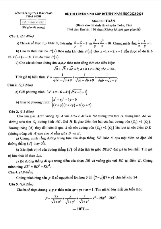 Đề tuyển sinh môn Toán (chuyên) năm 2023 2024 sở GD ĐT Thái Bình