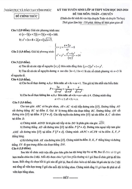 Đề tuyển sinh môn Toán (chuyên) năm 2023 2024 sở GD ĐT Vĩnh Phúc
