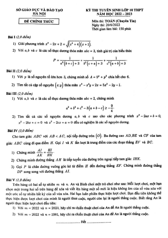Đề tuyển sinh môn Toán (chuyên Tin) năm 2022 2023 sở GD ĐT Hà Nội
