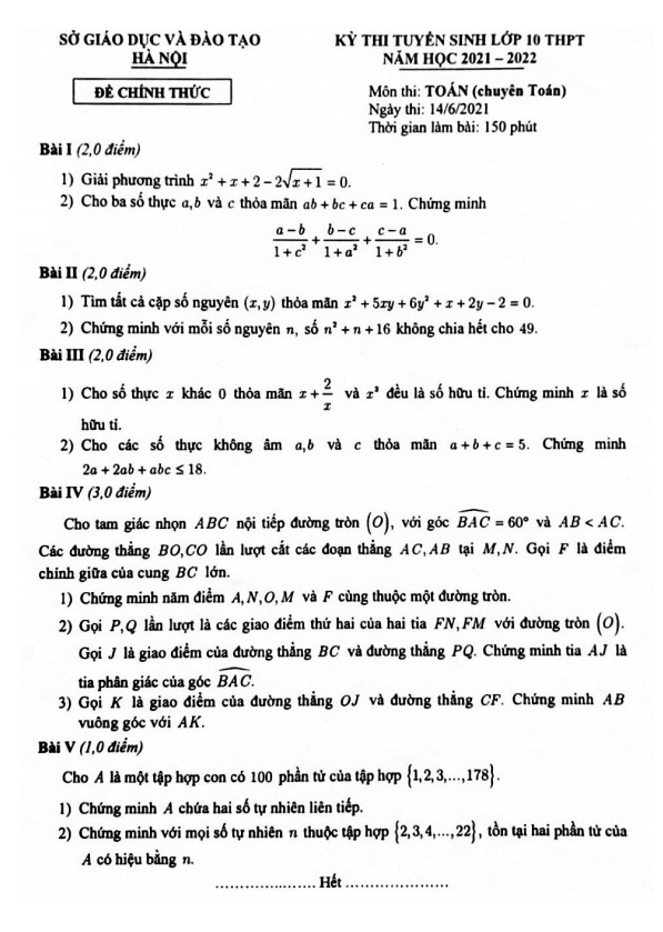 Đề tuyển sinh môn Toán (chuyên Toán) năm 2021 2022 sở GD ĐT Hà Nội
