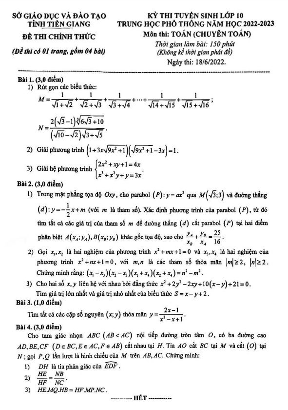 Đề tuyển sinh môn Toán (chuyên Toán) năm 2022 2023 sở GD ĐT Tiền Giang