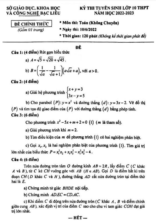 Đề tuyển sinh môn Toán (không chuyên) năm 2022 2023 sở GDKHCN Bạc Liêu