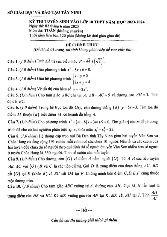 Đề tuyển sinh môn Toán (không chuyên) năm 2023 2024 sở GD ĐT Tây Ninh
