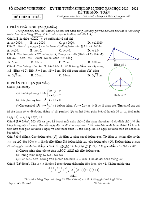 Đề tuyển sinh môn Toán năm 2020 2021 sở GD ĐT Vĩnh Phúc