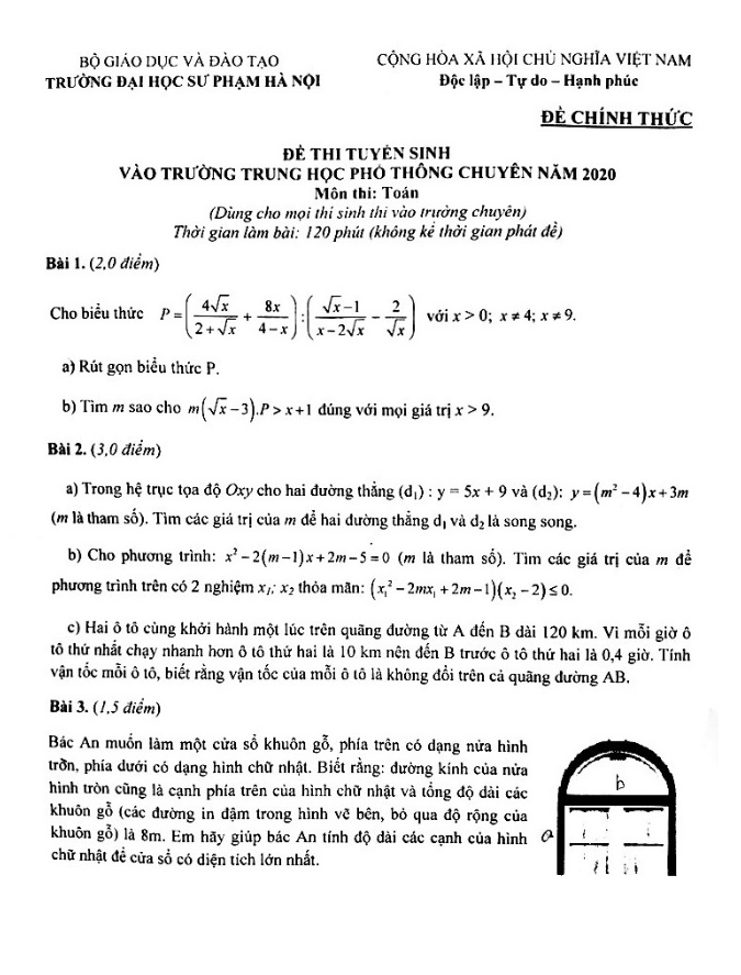Đề tuyển sinh môn Toán năm 2020 2021 trường THPT chuyên ĐHSP Hà Nội