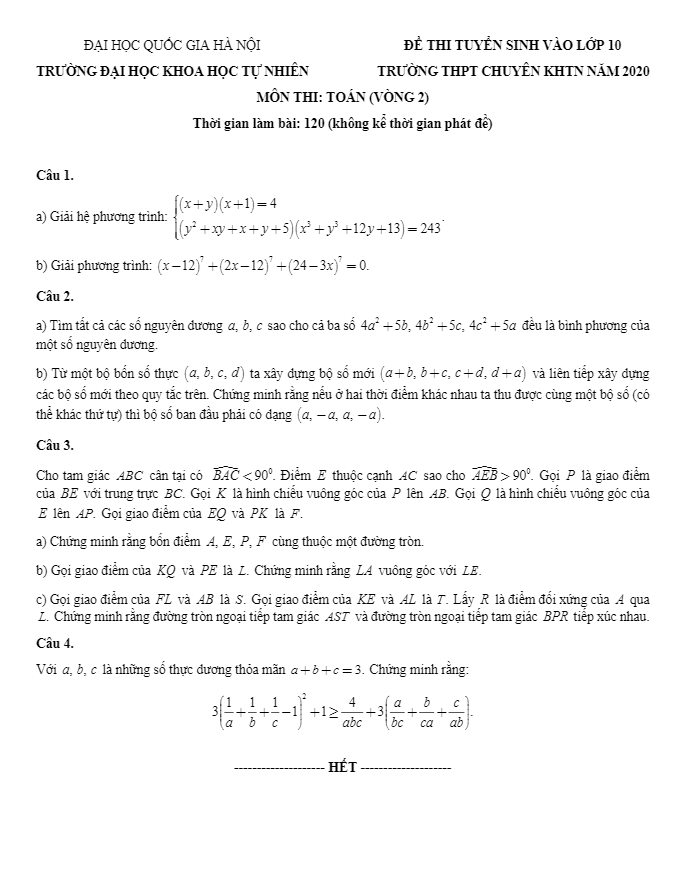 Đề tuyển sinh môn Toán năm 2020 trường THPT chuyên KHTN Hà Nội (vòng 2)