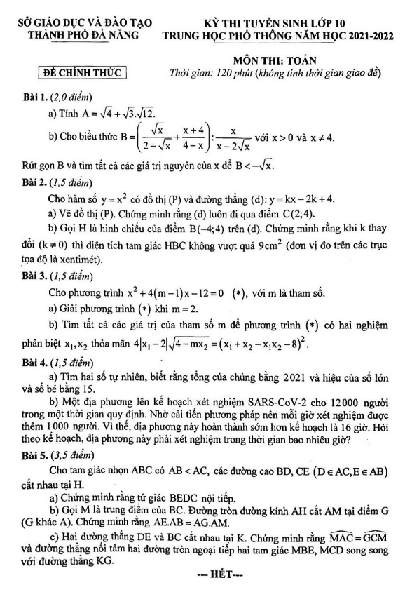 Đề tuyển sinh môn Toán năm 2021 2022 sở GD ĐT Đà Nẵng