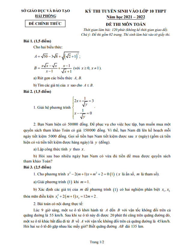 Đề tuyển sinh môn Toán năm 2021 2022 sở GD ĐT Hải Phòng