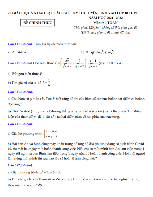 Đề tuyển sinh môn Toán năm 2021 2022 sở GD ĐT Lào Cai
