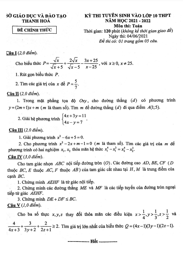 Đề tuyển sinh môn Toán năm 2021 2022 sở GD ĐT Thanh Hóa