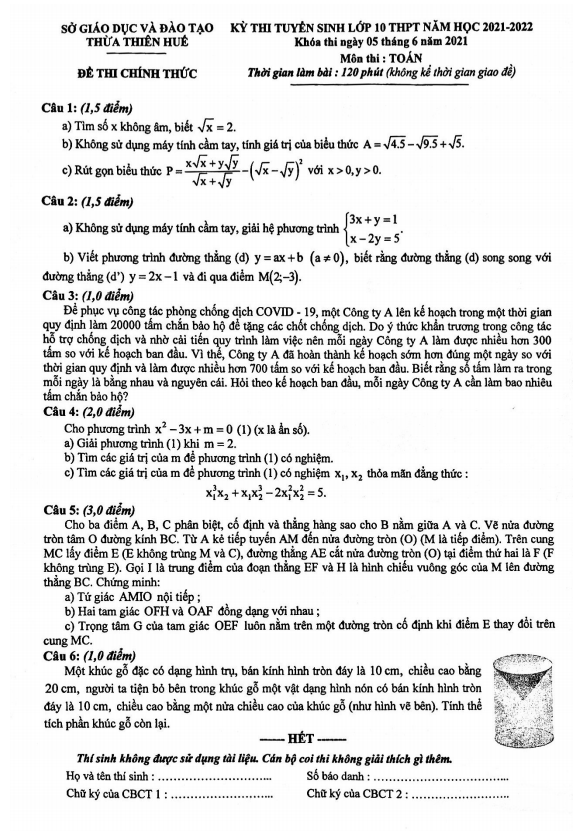 Đề tuyển sinh môn Toán năm 2021 2022 sở GD ĐT Thừa Thiên Huế