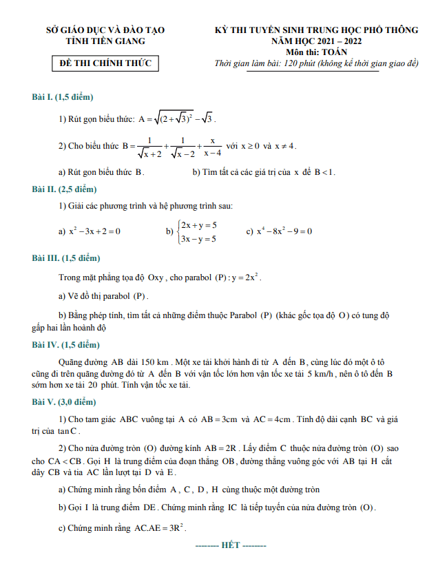 Đề tuyển sinh môn Toán năm 2021 2022 sở GD ĐT Tiền Giang