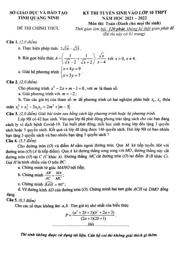Đề tuyển sinh môn Toán năm 2021 2022 sở GD ĐT tỉnh Quảng Ninh