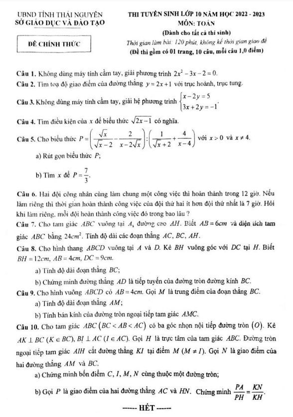 Đề tuyển sinh môn Toán năm 2022 2023 sở GD ĐT Thái Nguyên