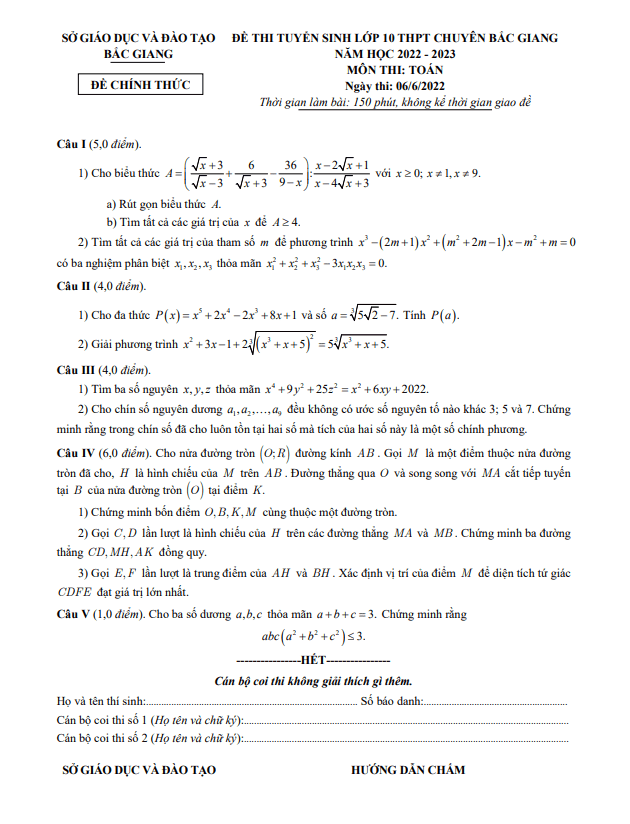 Đề tuyển sinh môn Toán năm 2022 2023 trường THPT chuyên Bắc Giang