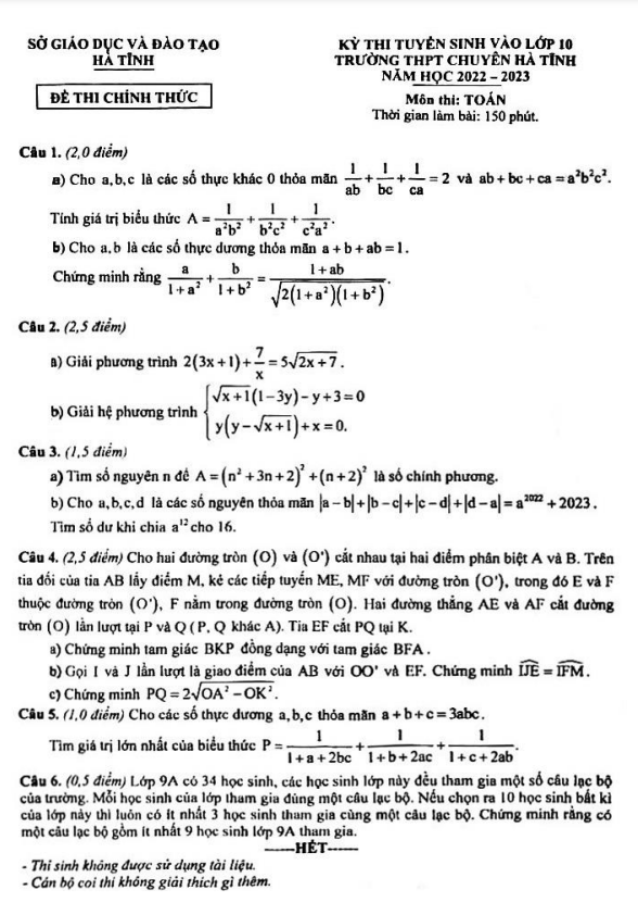 Đề tuyển sinh môn Toán năm 2022 2023 trường THPT chuyên Hà Tĩnh